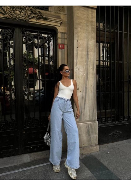 Kadın Arkadan Yırtmaçlı Jeans Kot Palazzo Pantolon - Mavi