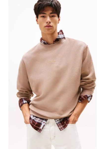 Erkek Rahat Kalıp Waffle Dokulu Sweatshirt - Bej