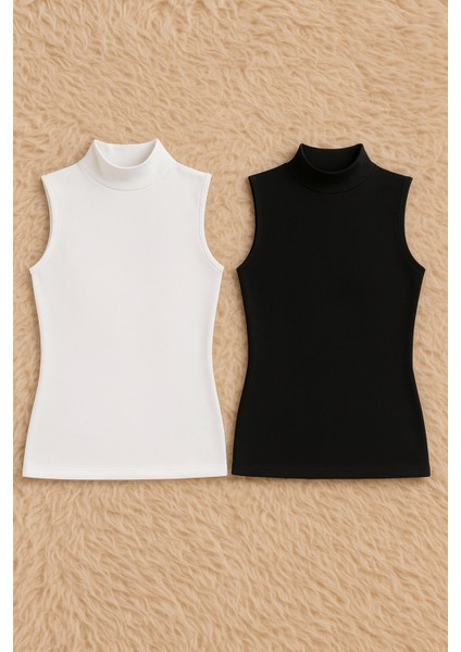 Kadın Pamuklu Likralı Sıfır Kol Balıkçı Yaka Penye 2'li Atlet