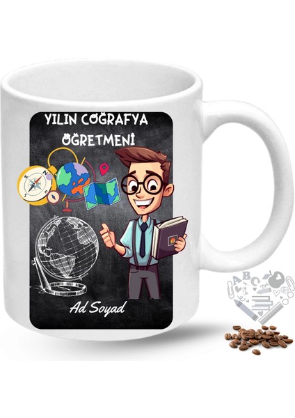 Coğrafya Öğretmeni Erkek Öğretmenler Günü Hediyesi Isimli Baskılı Porselen Kupa Bardak