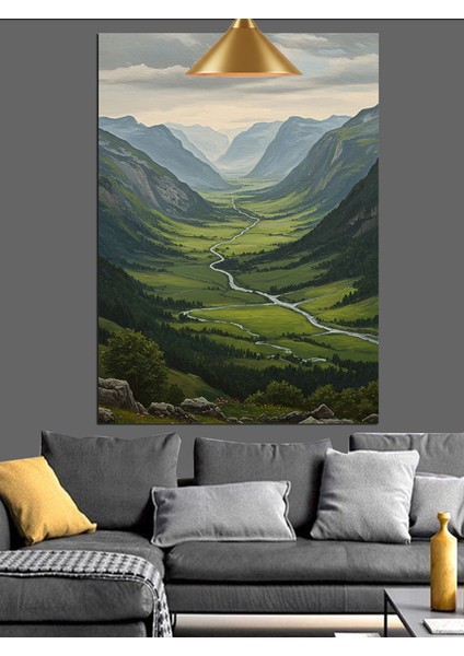 Geniş Yeşil Tepelerle Çevrili Vadi Manzarası Dekoratif Kanvas - Mdf Ahşap Tablo