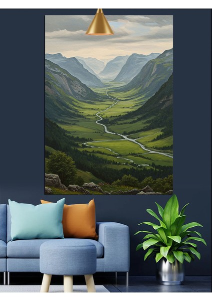 Geniş Yeşil Tepelerle Çevrili Vadi Manzarası Dekoratif Kanvas - Mdf Ahşap Tablo fırsatları