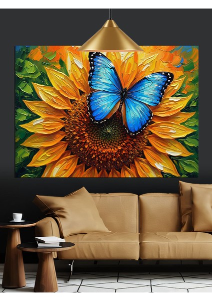 Mavi Kelebek ve Ayçiçeği Dekoratif Kanvas - Mdf Ahşap Tablo