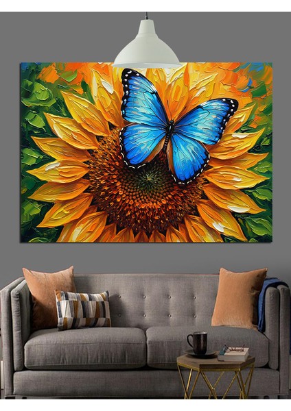 Mavi Kelebek ve Ayçiçeği Dekoratif Kanvas - Mdf Ahşap Tablo modelleri