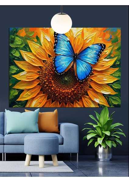 Mavi Kelebek ve Ayçiçeği Dekoratif Kanvas - Mdf Ahşap Tablo indirimleri