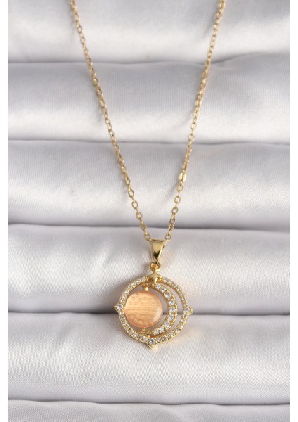 Bfs 316L Çelik Gold Renk Zirkon Taşlı Turuncu Sedefli Hilal Model Kadın Kolye