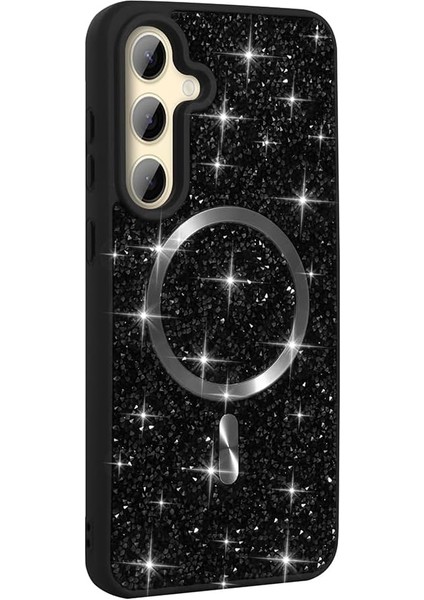 Galaxy ile Uyumlu S24 Fe Kılıf Pırlanta Tasarımlı M-Safe Şarj Özellikli Zore Mozaik Silikon Kapak Siyah