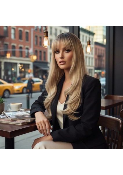 Doğal Dalgalı Perçemli Fiber Sentetik Uzun Boy Peruk - Kumral / Platin Ombre ve Röfleli