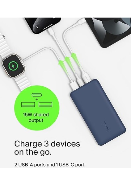 10000 Mah Powerbank, 15W Usb-C & 12W 2xusb-A Girişli, Kompakt Dizayn, Kablo Dahil, Mavi fırsatları