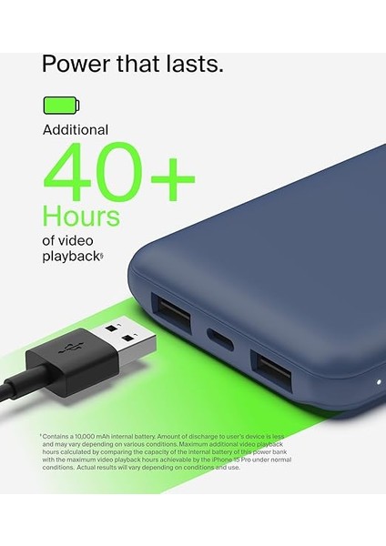 10000 Mah Powerbank, 15W Usb-C & 12W 2xusb-A Girişli, Kompakt Dizayn, Kablo Dahil, Mavi indirimleri