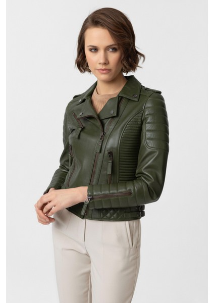 Haki Yeşil Laney Biker Motorcu Kadın Fermuarlı Astarlı Dikişli Apoletli Kısa Hakiki Deri Ceket fiyatları