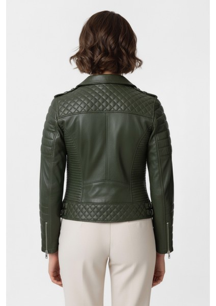 Haki Yeşil Laney Biker Motorcu Kadın Fermuarlı Astarlı Dikişli Apoletli Kısa Hakiki Deri Ceket modelleri