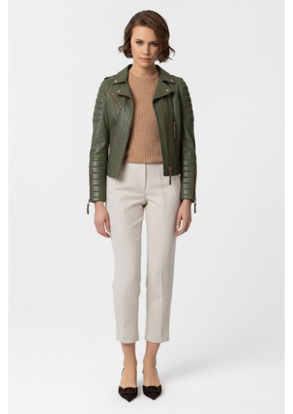 Haki Yeşil Laney Biker Motorcu Kadın Fermuarlı Astarlı Dikişli Apoletli Kısa Hakiki Deri Ceket fırsatları