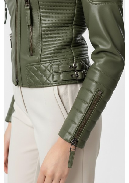 Haki Yeşil Laney Biker Motorcu Kadın Fermuarlı Astarlı Dikişli Apoletli Kısa Hakiki Deri Ceket indirimleri