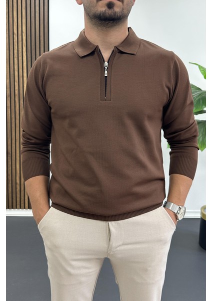 Erkek Yarım Fermuarlı Düz Desen Polo Yaka Kazak Kahverengi EDW424