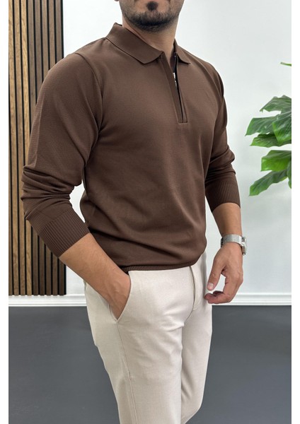 Erkek Yarım Fermuarlı Düz Desen Polo Yaka Kazak Kahverengi EDW424 fiyatları