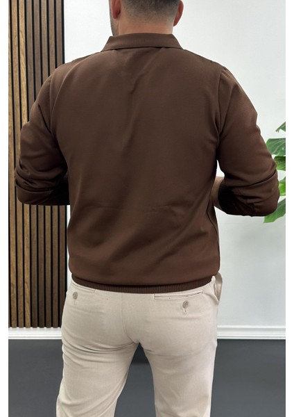 Erkek Yarım Fermuarlı Düz Desen Polo Yaka Kazak Kahverengi EDW424 modelleri