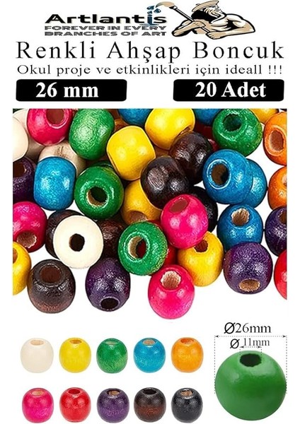 Ahşap Boncuk 26MM 20 Li 1 Paket Renkli Ahşap Boyalı Yuvarlak Doğal Boncuklar Saç Takı Tasarım Ektinlik Kreş Okul