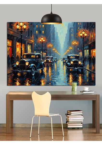 Yağmurlu Şehir Işıkları Dekoratif Kanvas - Mdf Ahşap Tablo