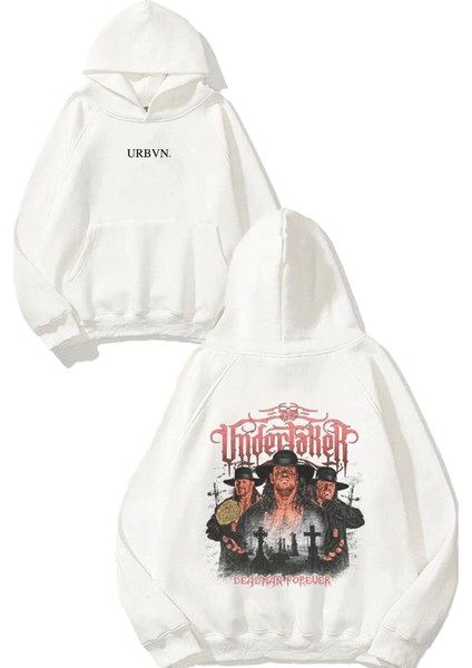 Deadman Forever Tasarım Baskılı Oversize Beyaz Kapüşonlu Sweatshirt