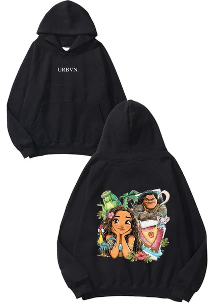 Moana Tasarım Baskılı Oversize Siyah Kapüşonlu Sweatshirt
