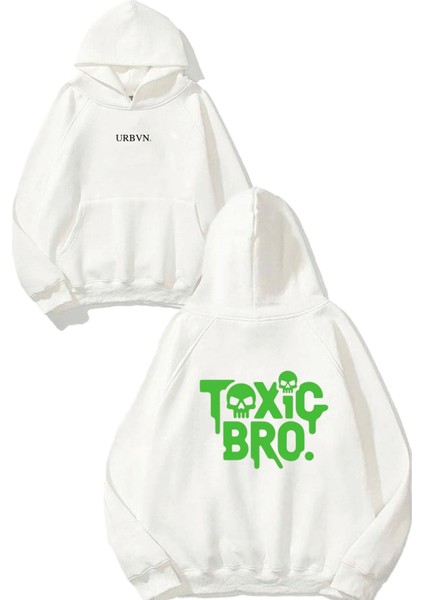 Toxic 1 Tasarım Baskılı Oversize Beyaz Kapüşonlu Sweatshirt