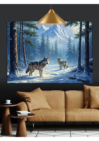 Karla Kaplı Ormanda Kurt Sürüsü Dekoratif Kanvas - Mdf Ahşap Tablo fiyatları