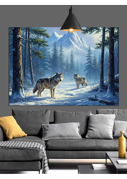 Karla Kaplı Ormanda Kurt Sürüsü Dekoratif Kanvas - Mdf Ahşap Tablo modelleri