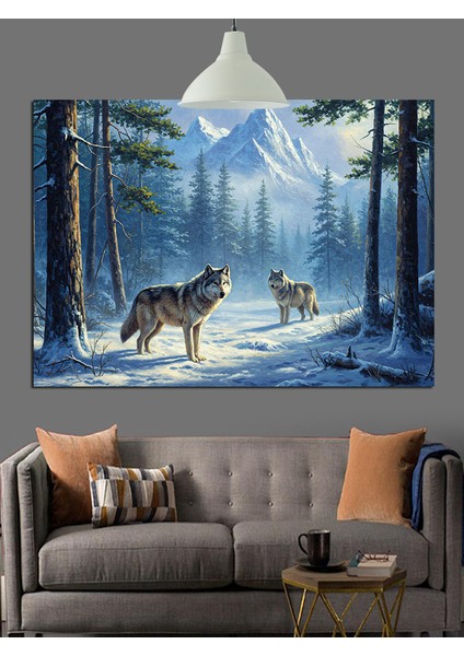 Karla Kaplı Ormanda Kurt Sürüsü Dekoratif Kanvas - Mdf Ahşap Tablo fırsatları