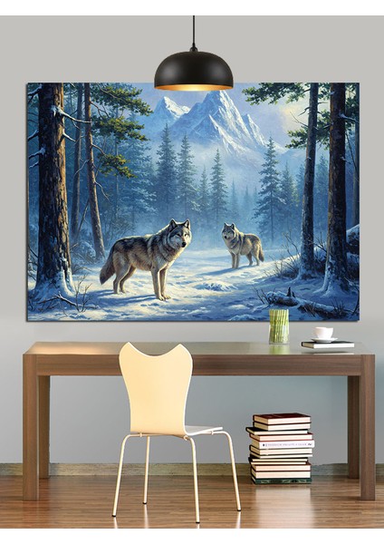 Karla Kaplı Ormanda Kurt Sürüsü Dekoratif Kanvas - Mdf Ahşap Tablo indirimleri