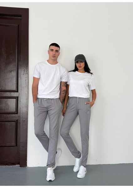 Unisex Beli Bağlamalı Pamuklu Iki Iplik Reçmeli Paça Gri Eşofman Altı