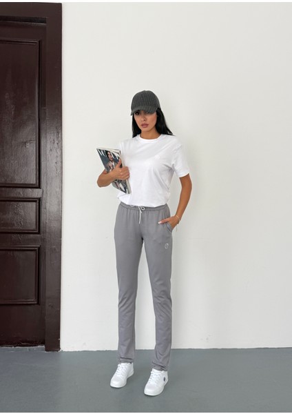 Unisex Beli Bağlamalı Pamuklu Iki Iplik Reçmeli Paça Gri Eşofman Altı