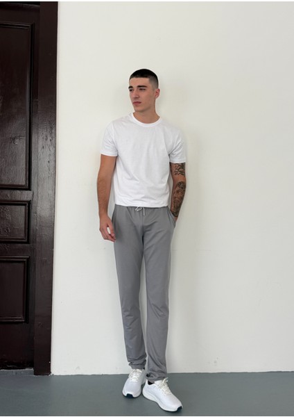 Unisex Beli Bağlamalı Pamuklu Iki Iplik Reçmeli Paça Gri Eşofman Altı