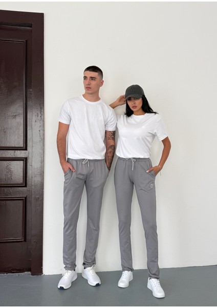 Unisex Beli Bağlamalı Pamuklu Iki Iplik Reçmeli Paça Gri Eşofman Altı