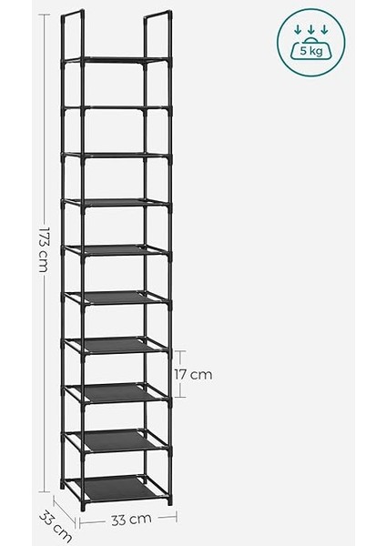 10 Katlı Ayakkabı Rafı, Ayakkabı Standı, Yerden Tasarruf Sağlayan Ayakkabı Saklama, 33 x 33 x 173 Cm, Metal Çerçeve, Dokuma Olmayan Kumaş Raflar, Koridor, Yatak Odası, Siyah LSR110B02 modelleri