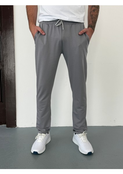 Unisex Beli Bağlamalı Pamuklu Iki Iplik Reçmeli Paça Gri Eşofman Altı