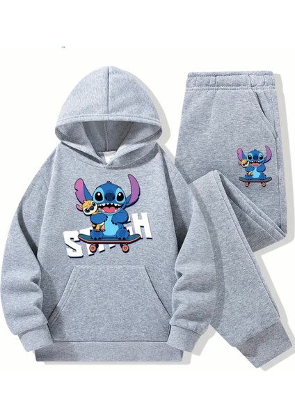 Punıx Kıds Özel Seri Kapüşonlu Stitch Baskılı %100 Pamuk Kışlık Kız-Erkek Çocuk Eşofman Takımı