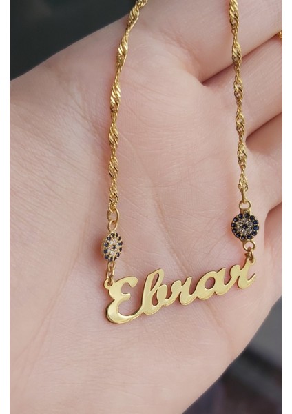 925 Ayar Gümüş 24 Ayar Altın Kaplama Kalın Zincirli 2 Nazar Boncuklu Kolye