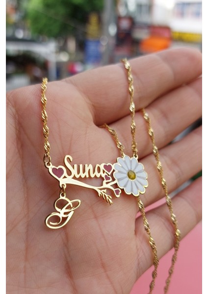 925 Ayar Gümüş 24 Ayar Altın Kaplama Isimli ve Harfli Papatya Kolye