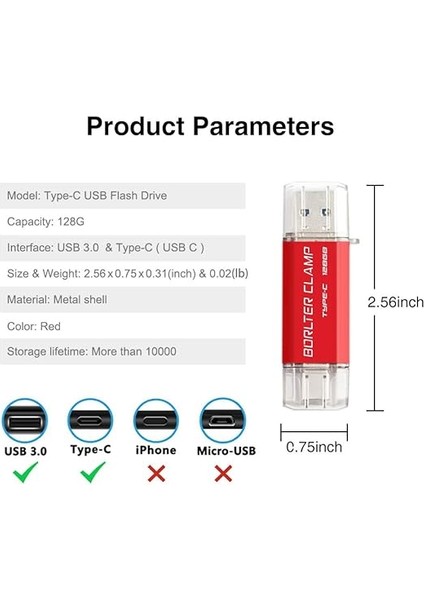 Clamp Type C USB Bellek 128 GB Otg 2'si 1 Arada Bellek Çift Portlu USB 3.0 Flash Sürücü, USB C Bağlantılı, Akıllı Telefon, Tablet ve Bilgisayar Için (Kırmızı) modelleri