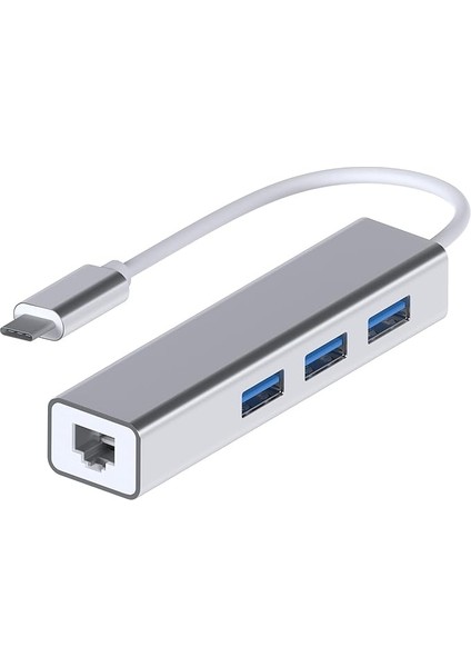 USB Tip C Ethernet 1000MBPS - 1 Gigabit RJ45 Adaptör ve 3 USB Bağlantı Noktası 3.0 Data Hub MacBook Air/pro iMac Acer Lenovo Asus Hp Samsung Huawei ile Uyumlu - Gümüş