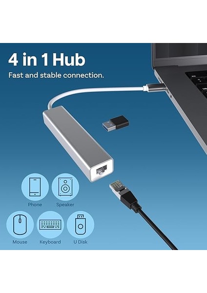 USB Tip C Ethernet 1000MBPS - 1 Gigabit RJ45 Adaptör ve 3 USB Bağlantı Noktası 3.0 Data Hub MacBook Air/pro iMac Acer Lenovo Asus Hp Samsung Huawei ile Uyumlu - Gümüş fırsatları