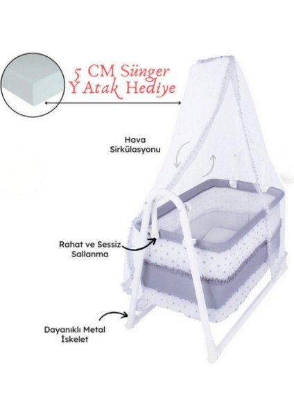 Luna Lüks Sallanır Tüllü Portatif Sepet Beşik 5 cm Sünger Yatak Hediyeli Cibinlikli Beşik