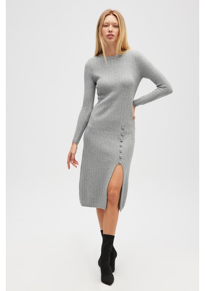 Zaira Mini Saç Örgü Desenli, Yırtmaçlı Elbise - Gri Melanj