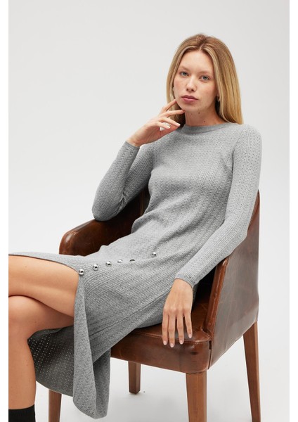 Zaira Mini Saç Örgü Desenli, Yırtmaçlı Elbise - Gri Melanj fiyatları