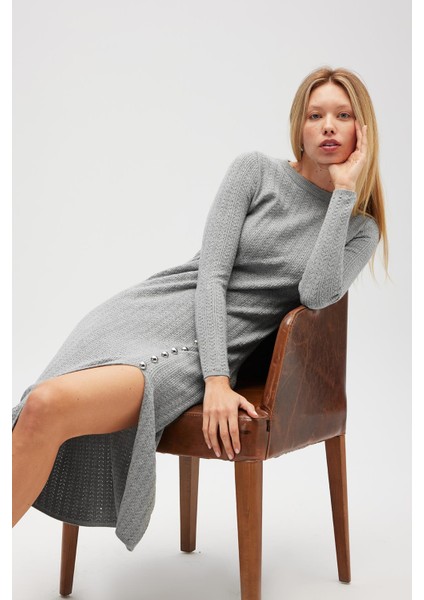 Zaira Mini Saç Örgü Desenli, Yırtmaçlı Elbise - Gri Melanj modelleri