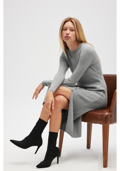 Zaira Mini Saç Örgü Desenli, Yırtmaçlı Elbise - Gri Melanj indirimleri