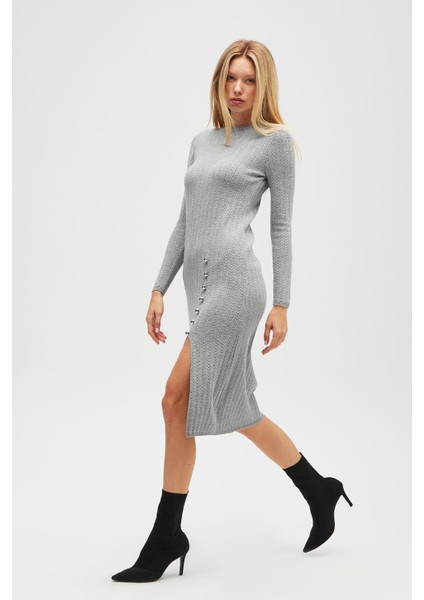 Zaira Mini Saç Örgü Desenli, Yırtmaçlı Elbise - Gri Melanj
