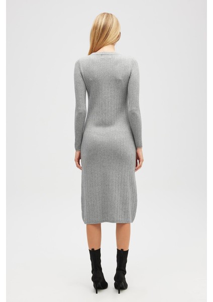 Zaira Mini Saç Örgü Desenli, Yırtmaçlı Elbise - Gri Melanj