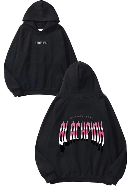 Blackpink Tasarım Baskılı Oversize Siyah Kapüşonlu Sweatshirt